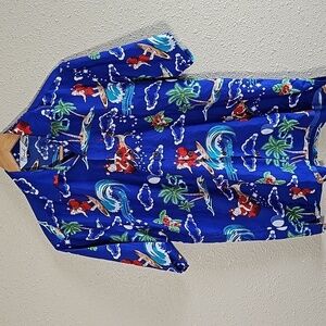 Alvish Surfing Santa Claus Short Sleeve Casual Bottom Down Hawaiian Shirt.